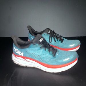 Hoka One One Clifton 8 Men Teal and Red Sneakers 10.5D